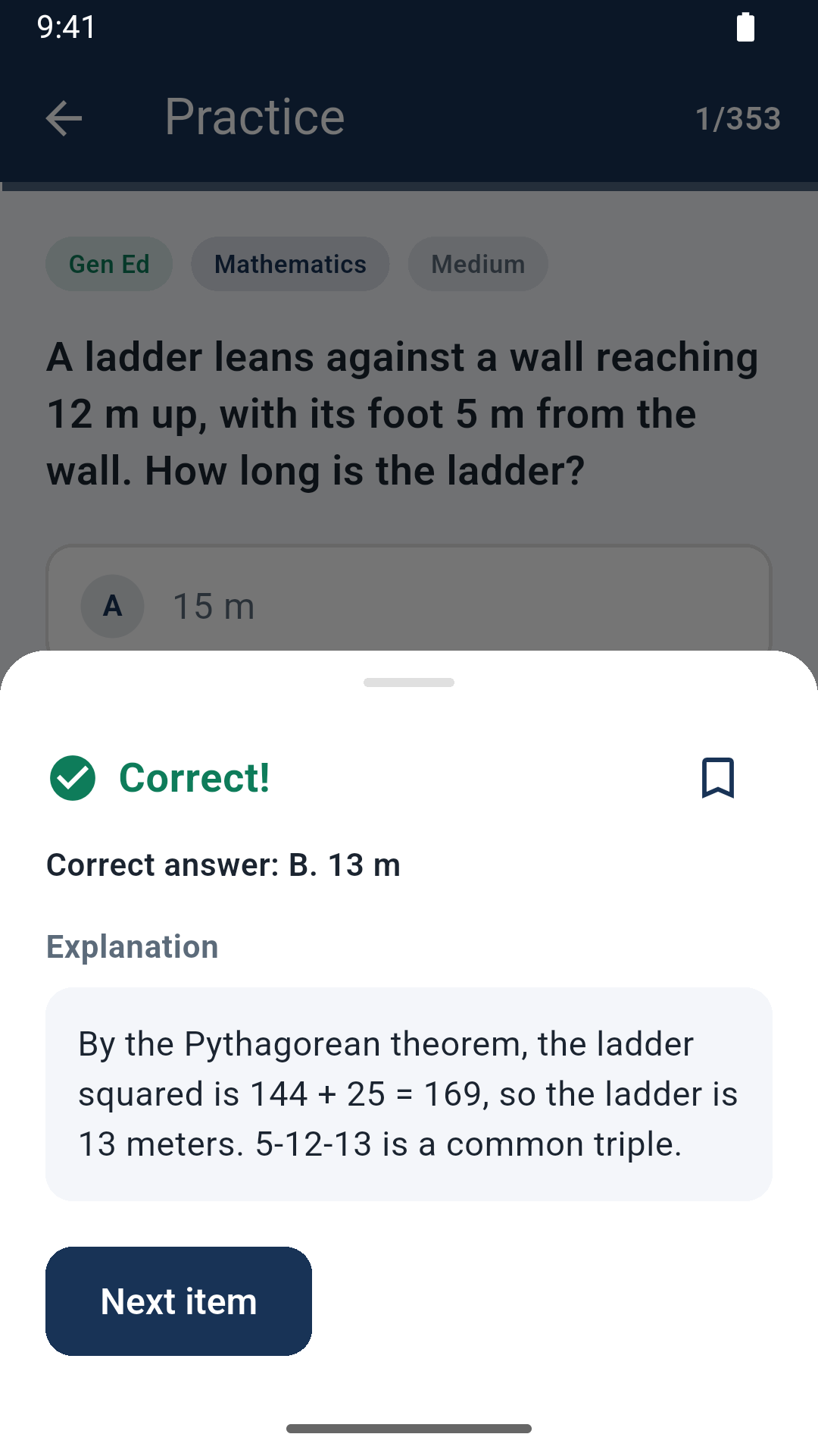 An explanation sheet showing why the answer is correct