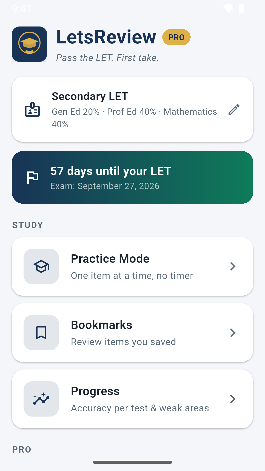 The LetsReview home screen, showing the Secondary LET weights and an exam countdown