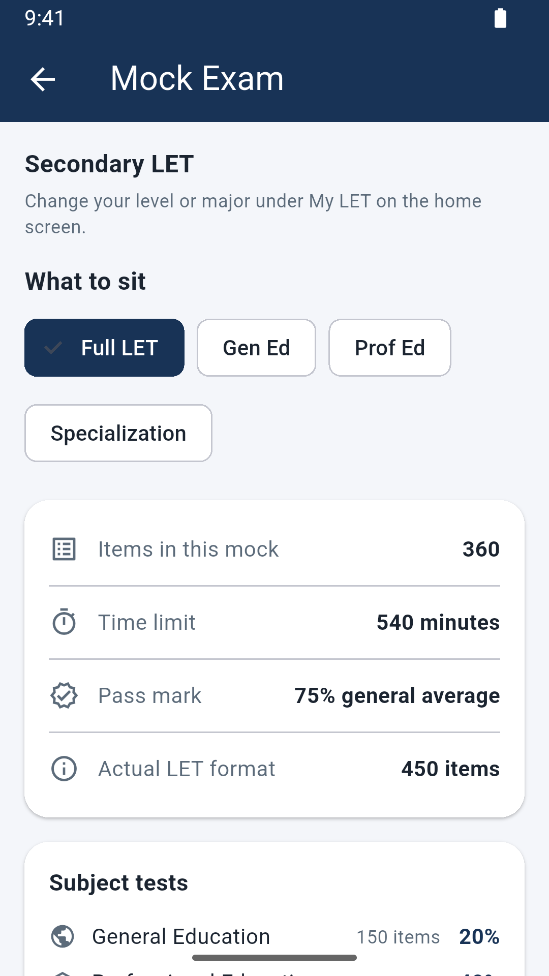 Mock exam setup showing item count, time limit and pass mark
