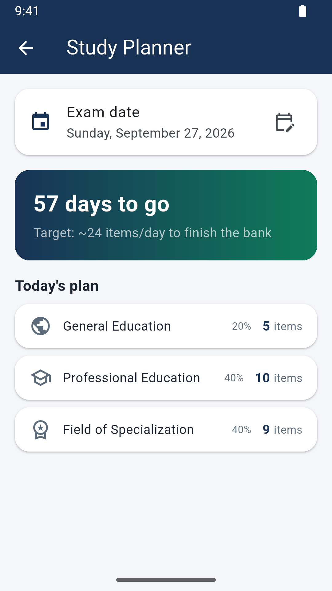 Study planner with a countdown and daily targets